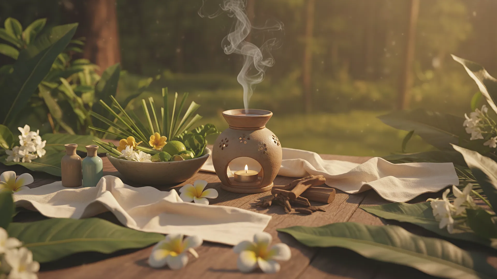 Bodegón con aceites esenciales, flores y un difusor que evocan la esencia del masaje de aromaterapia.