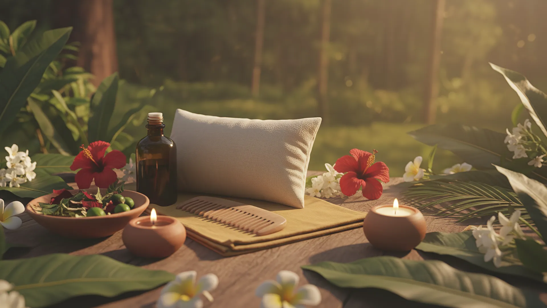 Bodegón con aceites, flores y elementos naturales que evocan la esencia del masaje craneal ayurvédico.