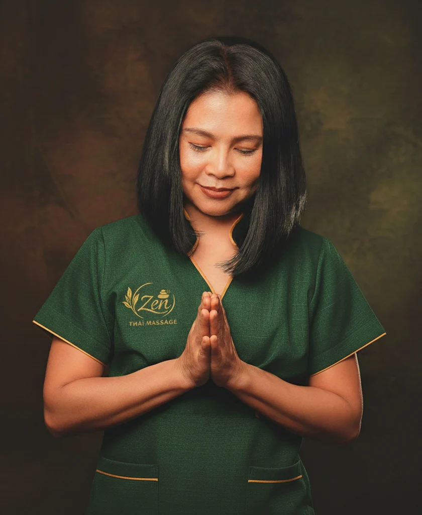 Terapeuta de Zen Thai Massage con uniforme verde y gesto tradicional tailandés de saludo, representando la esencia del masaje relajante en Girona.