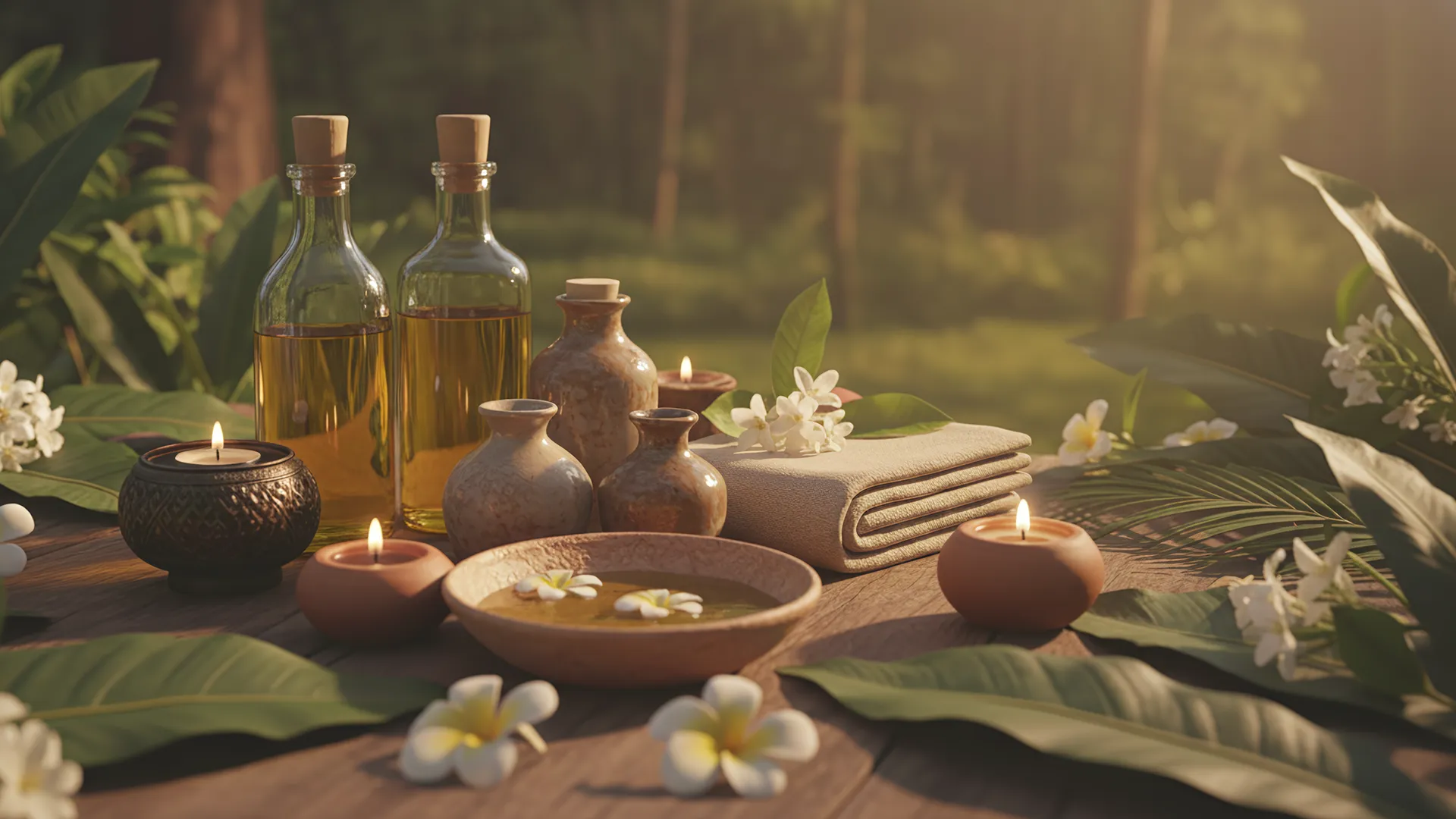 Bodegón con aceites, toallas y velas que evocan la esencia del masaje relajante.
