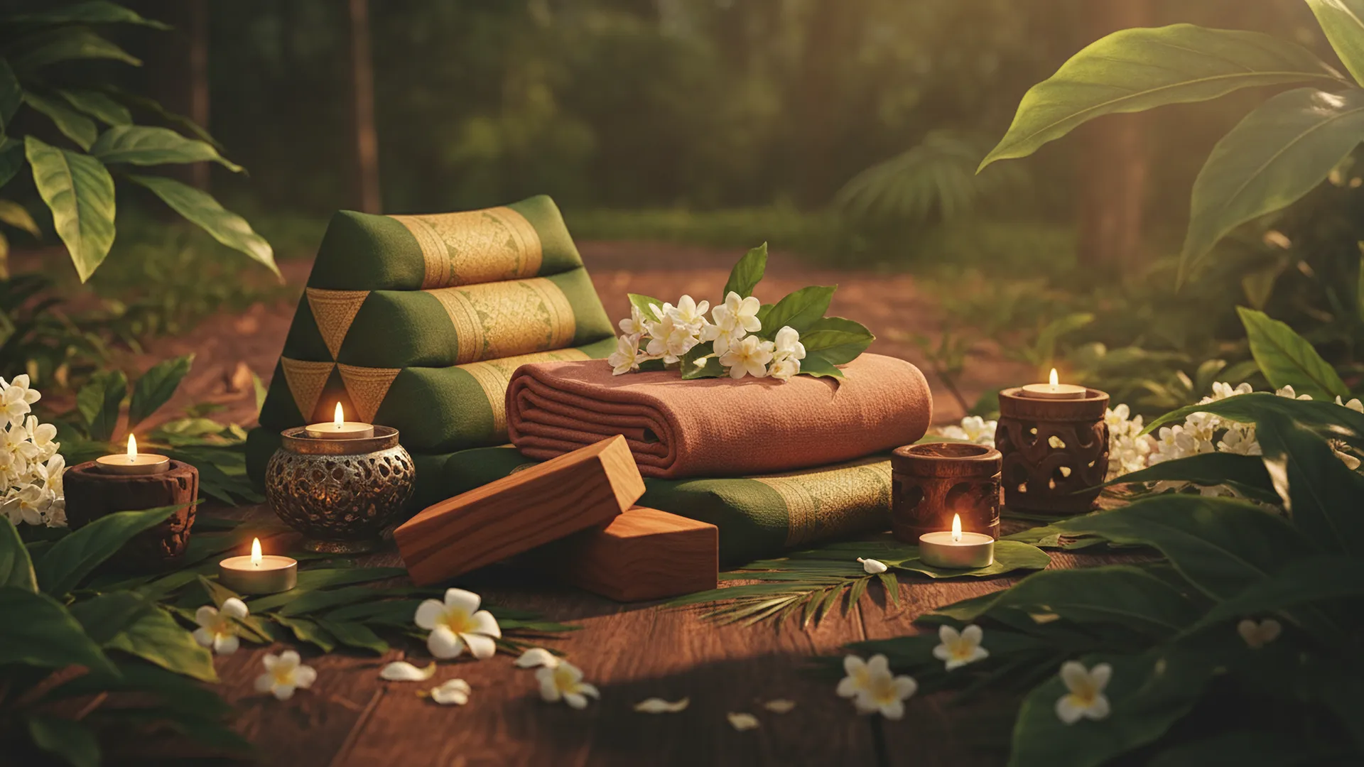 Bodegón con cojines tailandeses, velas y elementos naturales que evocan el masaje tailandés tradicional.