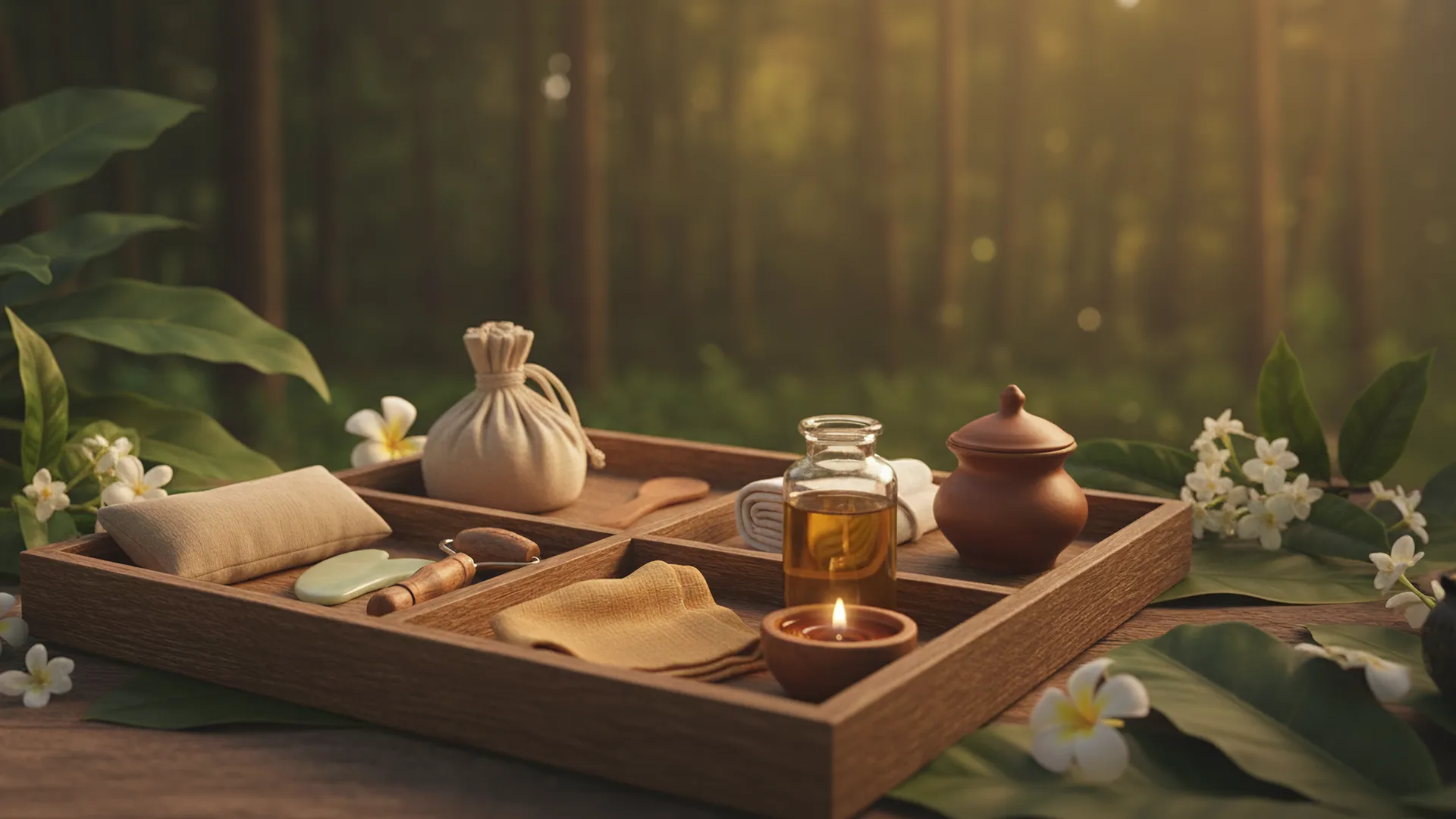 Bodegón con una bandeja ritual y elementos naturales que evocan el ritual de masaje tailandés.