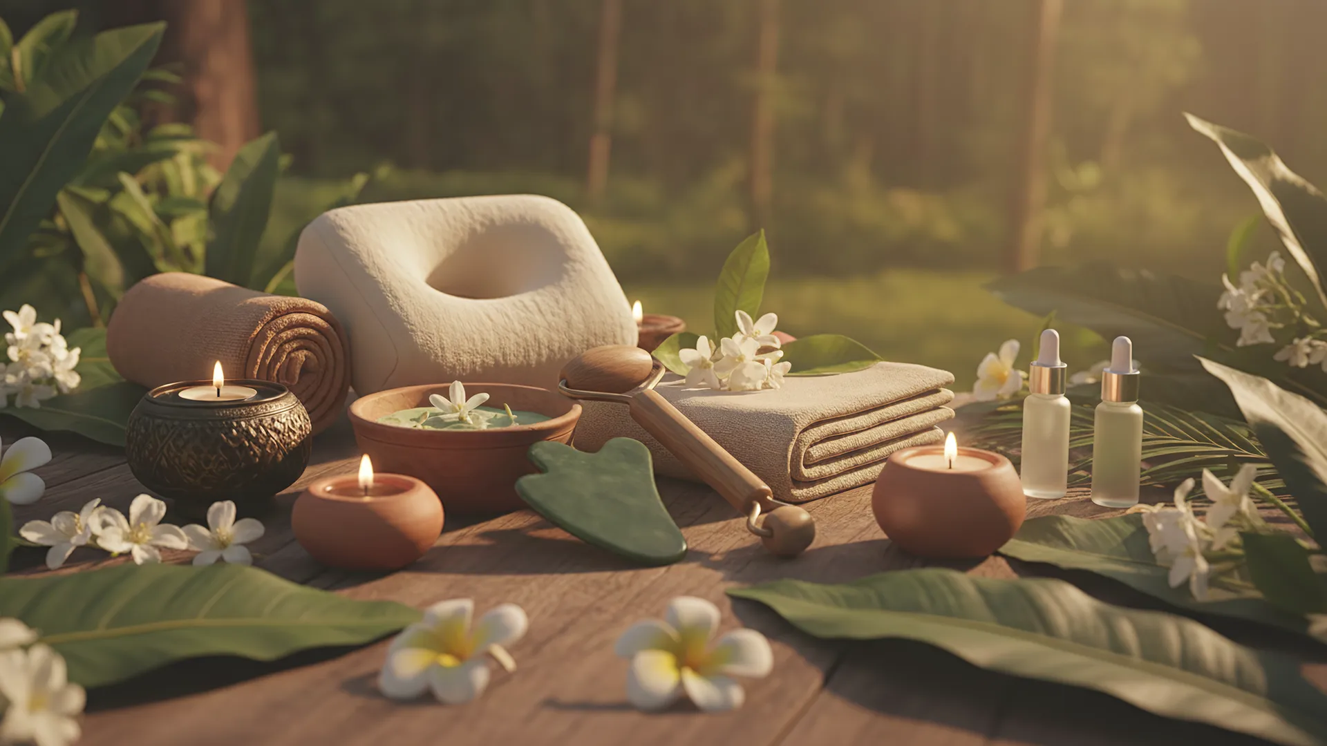 Bodegón con herramientas ayurvédicas, aceites y toallas que evocan la esencia del masaje facial ayurvédico.