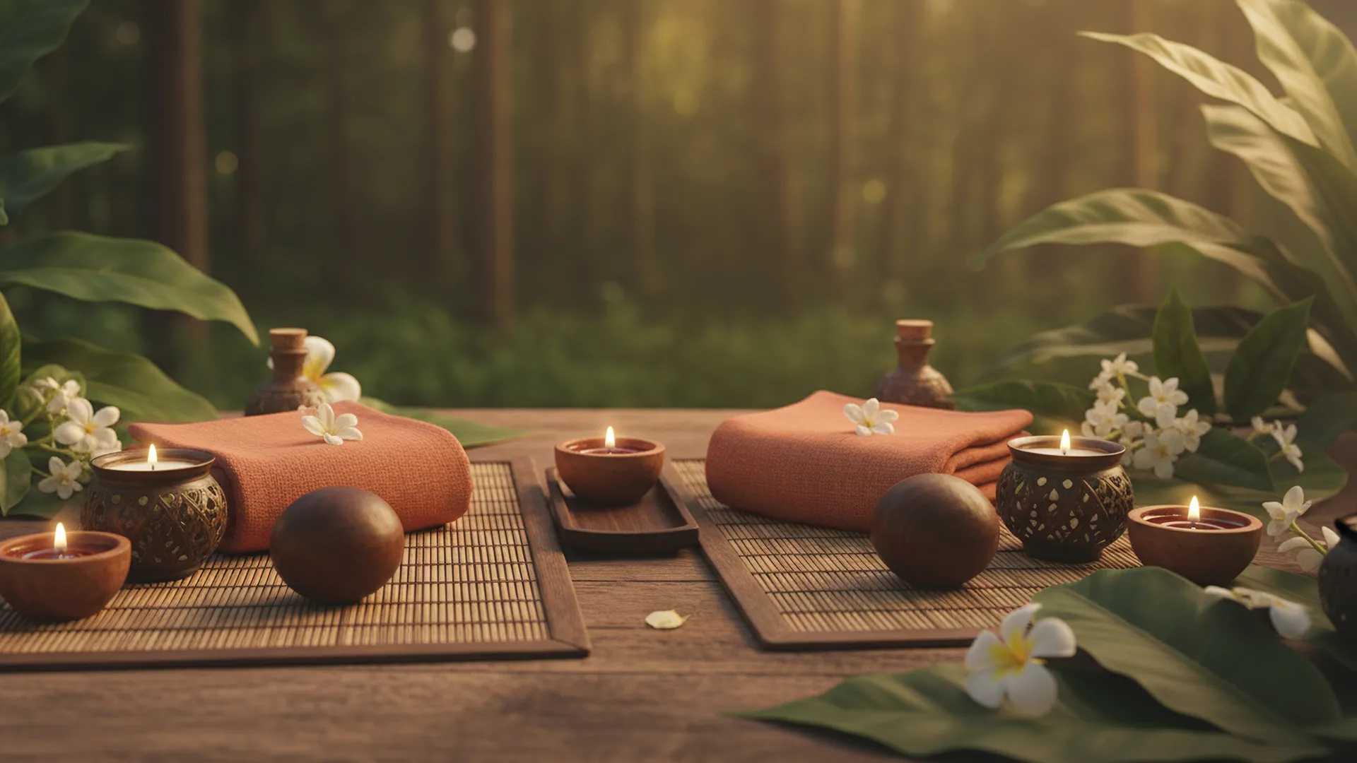 Bodegón con dos espacios preparados y elementos naturales que evocan un masaje en pareja.